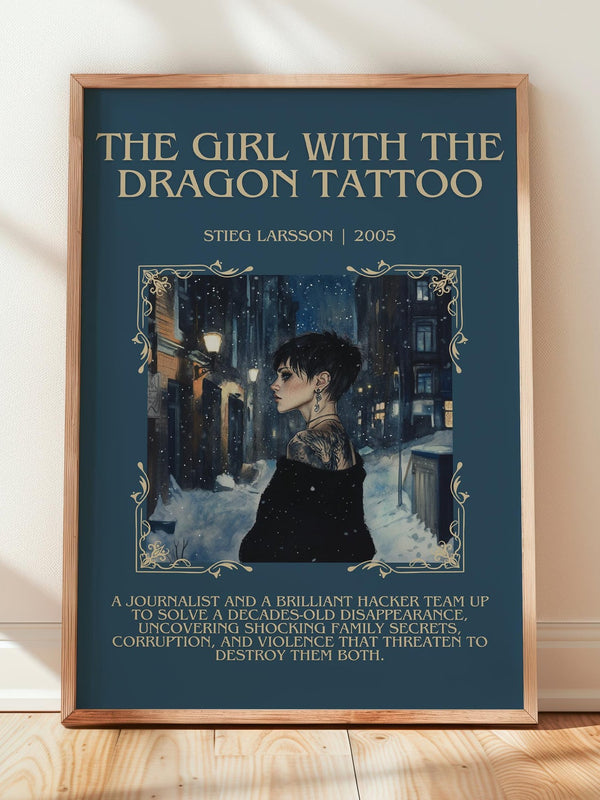 The Girl with the Dragon Tattoo minimalist print in frame leaning in hallway – crime wall art