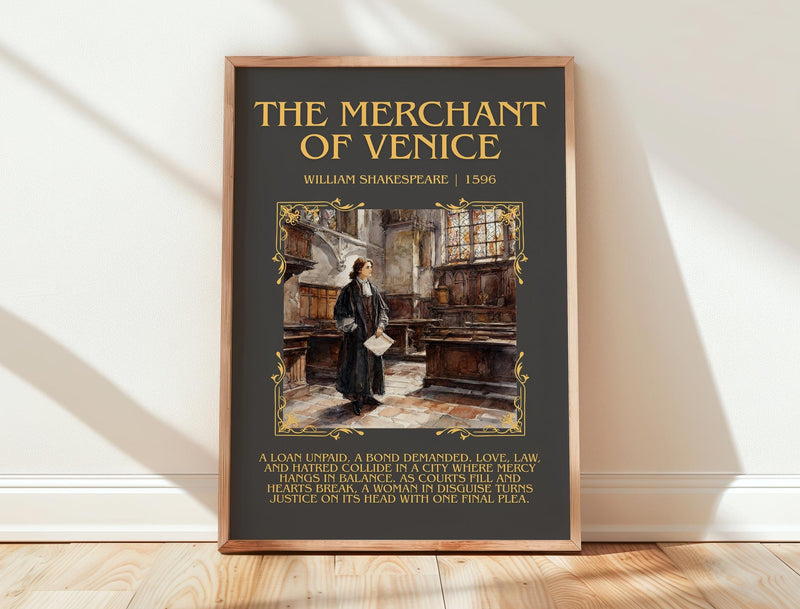 The Merchant of Venice minimalist print in frame leaning in hallway – classic literature wall art
