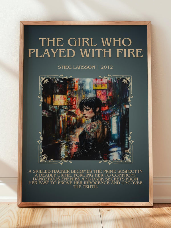 The Girl Who Played with Fire minimalist print in frame leaning in hallway – crime wall art