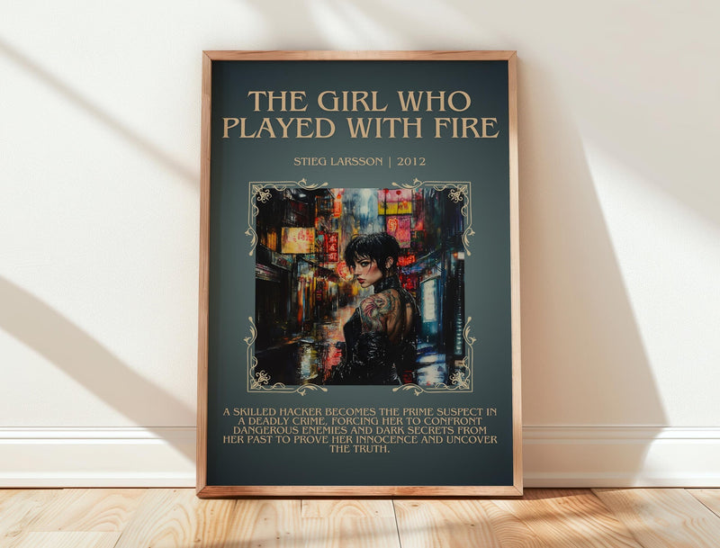 The Girl Who Played with Fire minimalist print in frame leaning in hallway – crime wall art