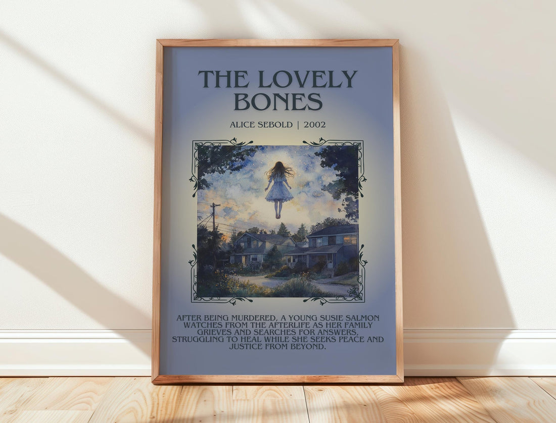 The Lovely Bones minimalist print in frame leaning in hallway – literary fiction wall art (mockup)