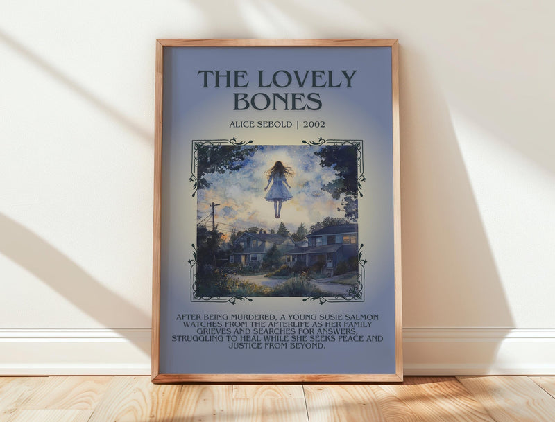 The Lovely Bones minimalist print in frame leaning in hallway – literary fiction wall art