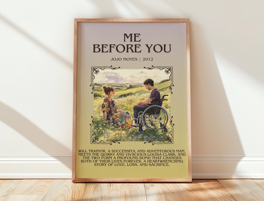 Me Before You minimalist print in frame leaning in hallway – romance wall art (mockup)