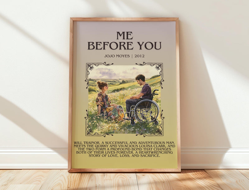 Me Before You minimalist print in frame leaning in hallway – romance wall art