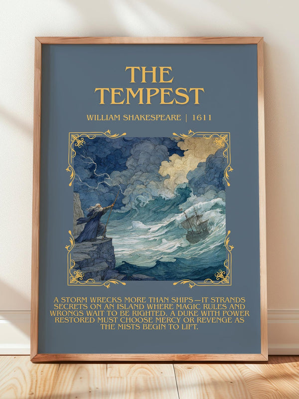 The Tempest minimalist print in frame leaning in hallway – classic literature wall art