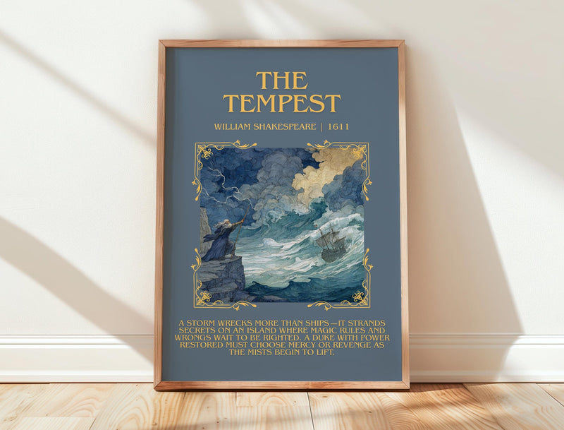 The Tempest minimalist print in frame leaning in hallway – classic literature wall art