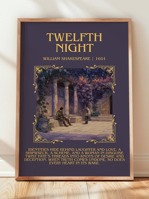 Twelfth Night minimalist print in frame leaning in hallway – classic literature wall art