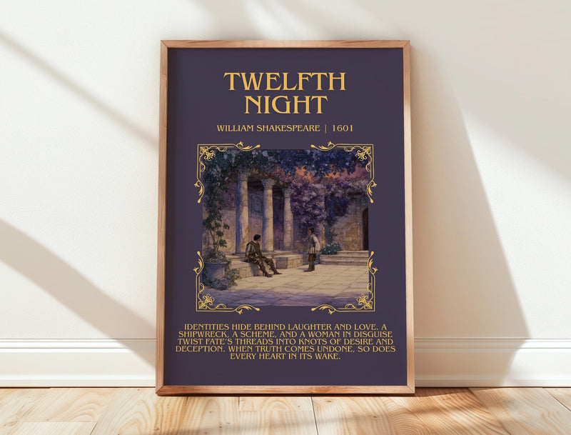 Twelfth Night minimalist print in frame leaning in hallway – classic literature wall art