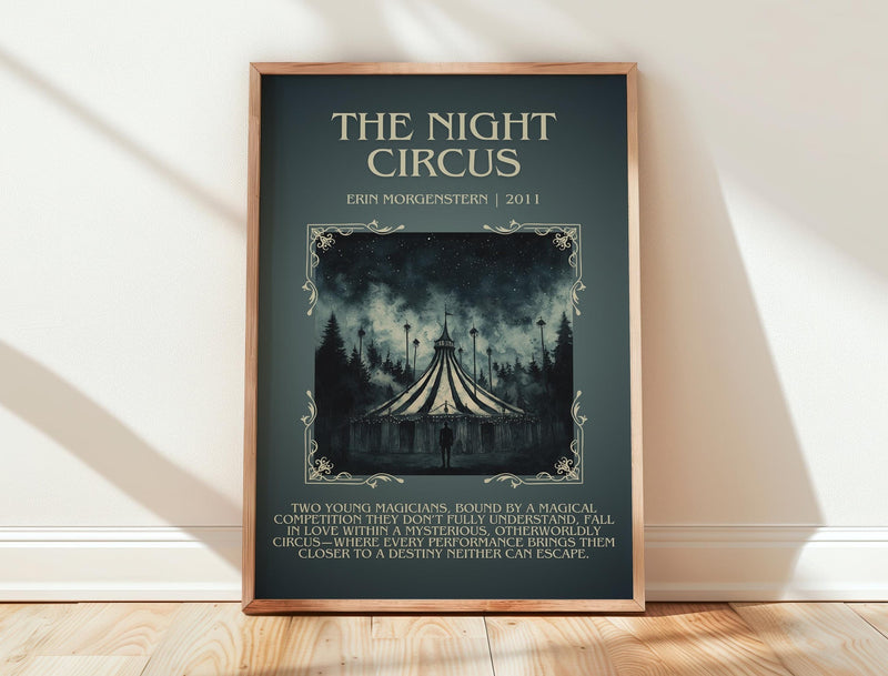 The Night Circus minimalist print in frame leaning in hallway – fantasy wall art