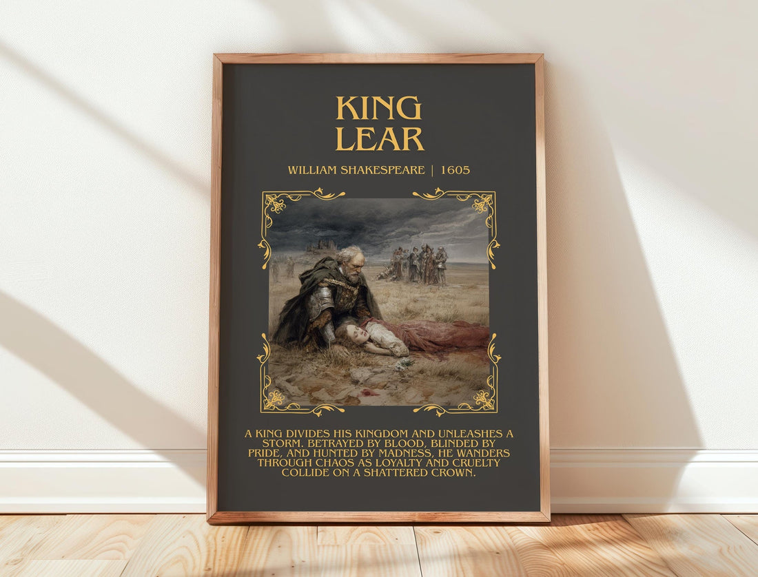 King Lear minimalist print in frame leaning in hallway – classic literature wall art (mockup)