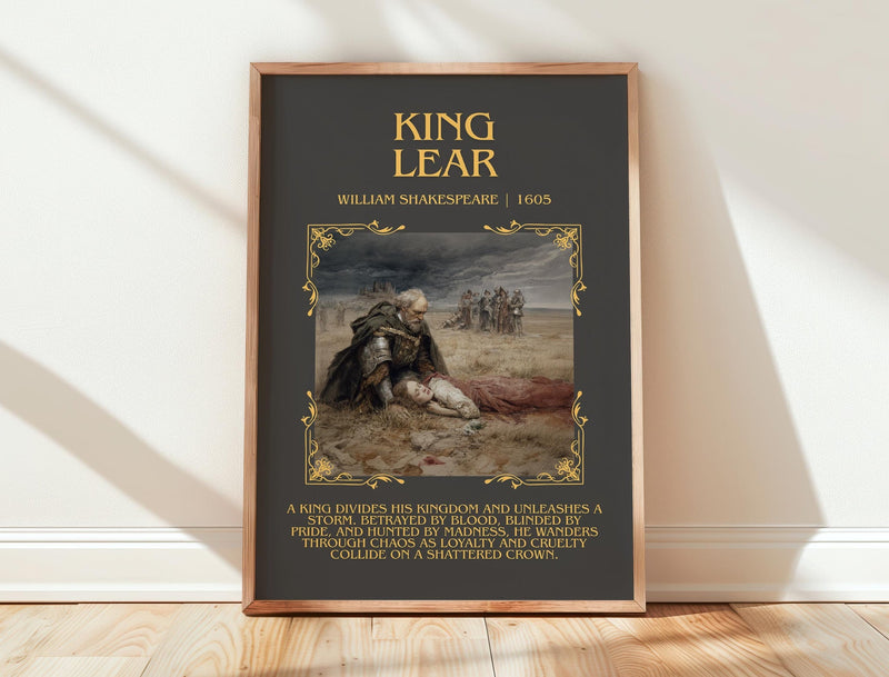 King Lear minimalist print in frame leaning in hallway – classic literature wall art