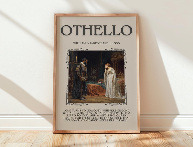 Othello minimalist print in frame leaning in hallway – classic literature wall art