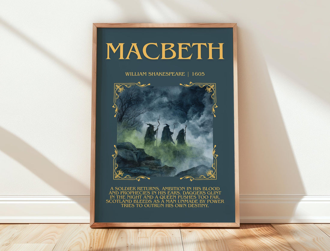 Macbeth minimalist print in frame leaning in hallway – classic literature wall art (mockup)