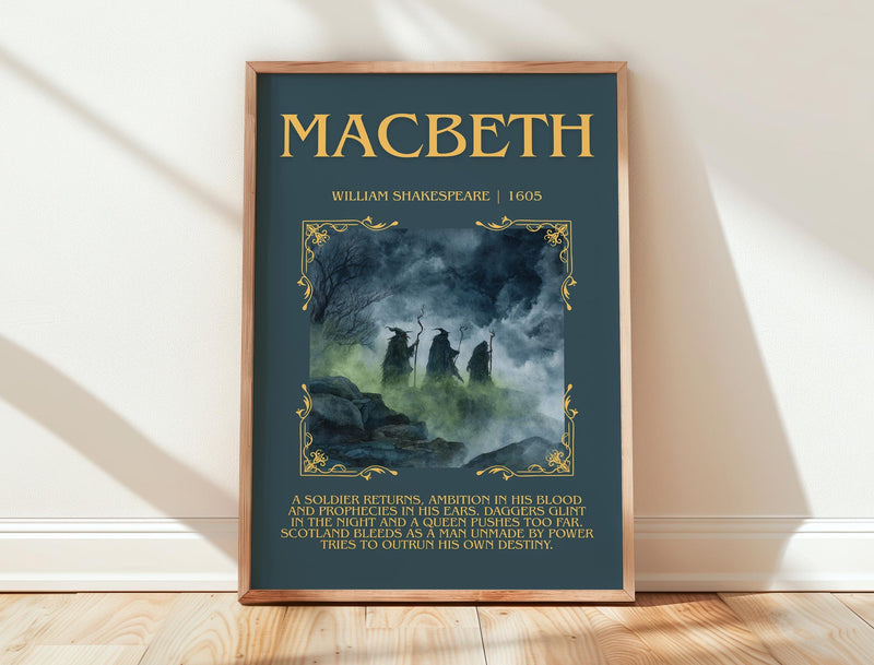 Macbeth minimalist print in frame leaning in hallway – classic literature wall art