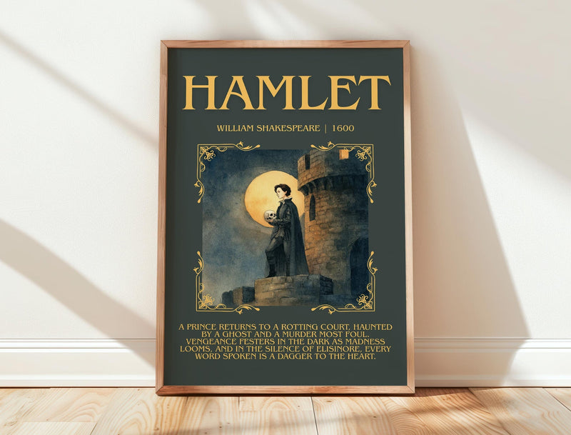 Hamlet minimalist print in frame leaning in hallway – classic literature wall art