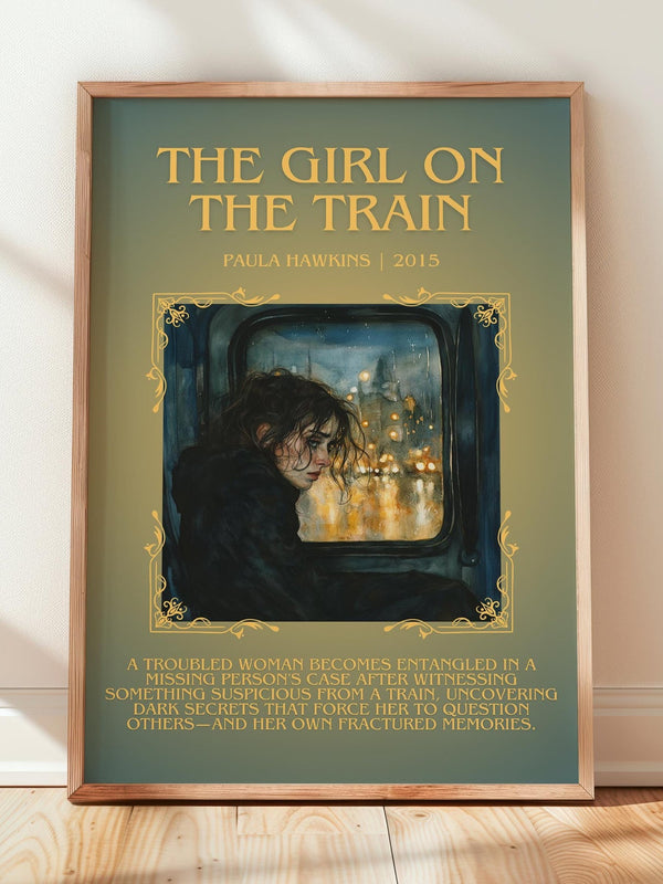 The Girl on the Train minimalist print in frame leaning in hallway – thriller wall art