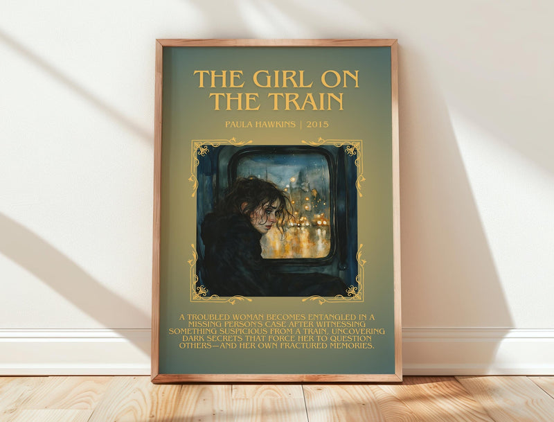 The Girl on the Train minimalist print in frame leaning in hallway – thriller wall art