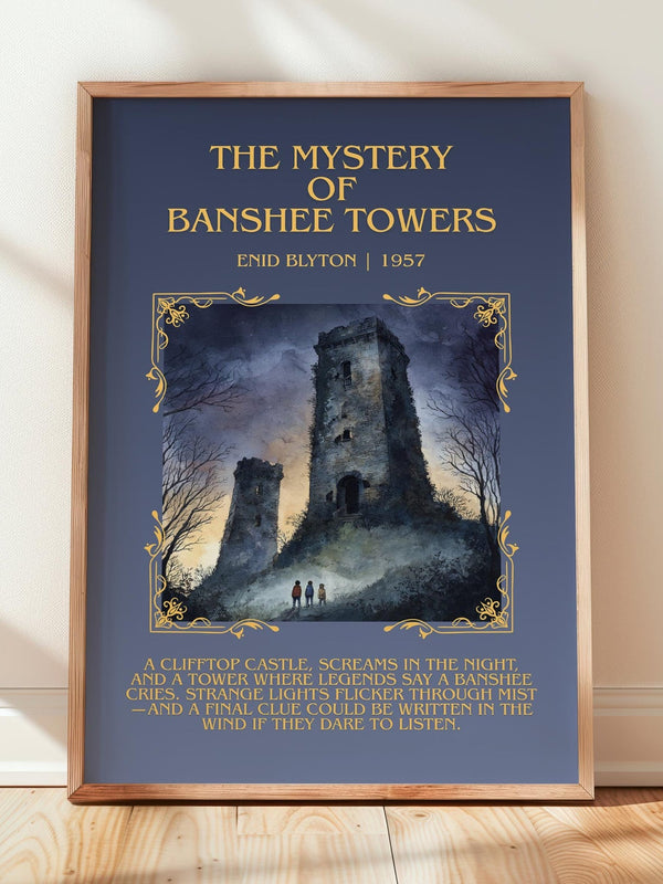 The Mystery Of Banshee Towers minimalist print in frame leaning in hallway – childrens wall art