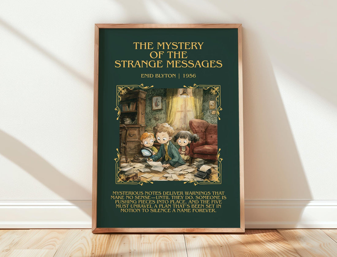 The Mystery of the Strange Messages minimalist print in frame leaning in hallway – childrens wall art (mockup)