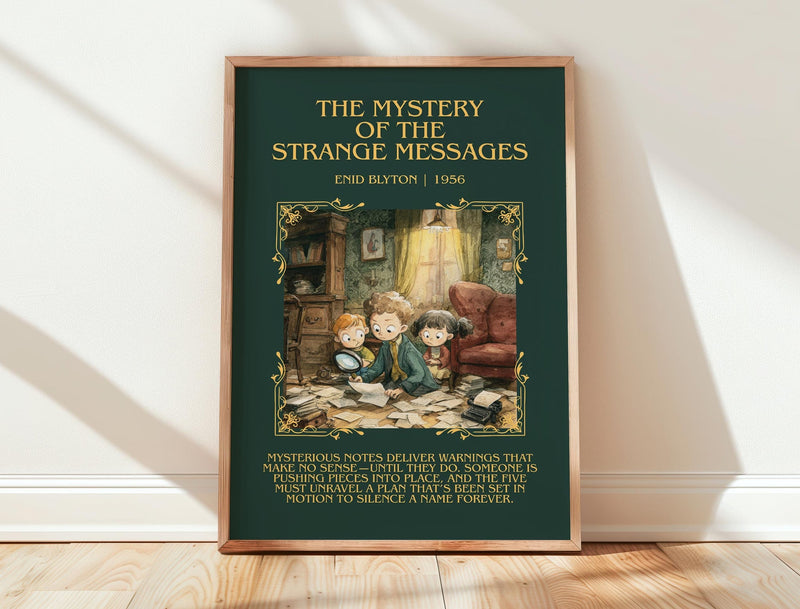 The Mystery of the Strange Messages minimalist print in frame leaning in hallway – childrens wall art