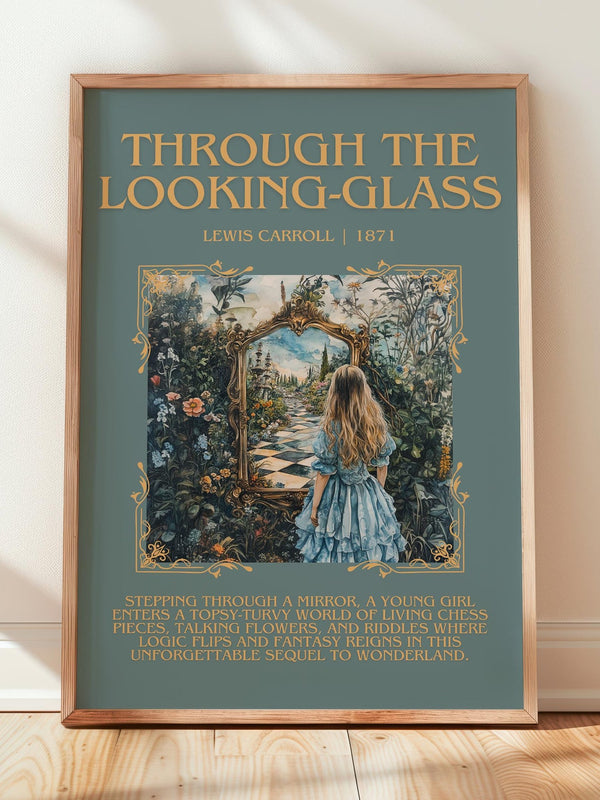 Through The Looking-Glass minimalist print in frame leaning in hallway – childrens wall art