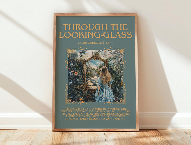 Through The Looking-Glass minimalist print in frame leaning in hallway – childrens wall art