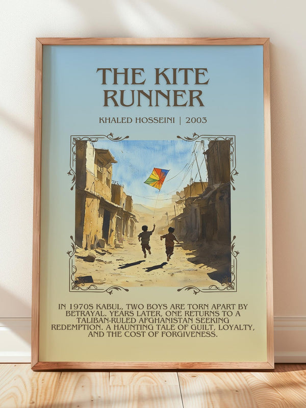 The Kite Runner minimalist print in frame leaning in hallway – literary fiction wall art