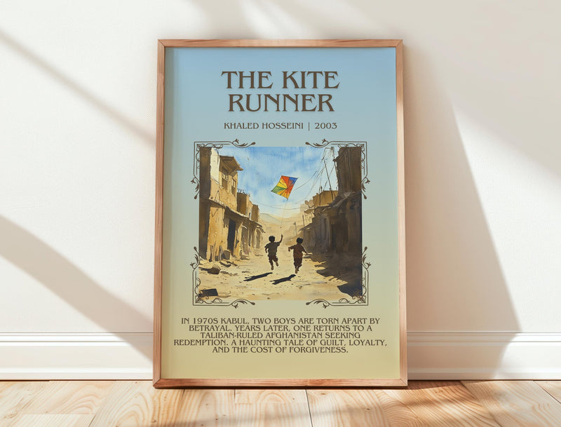 The Kite Runner minimalist print in frame leaning in hallway – literary fiction wall art