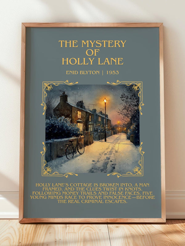 The Mystery of Holly Lane minimalist print in frame leaning in hallway – childrens wall art