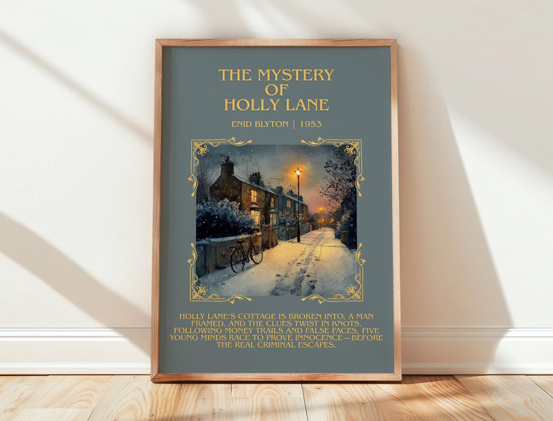 The Mystery of Holly Lane minimalist print in frame leaning in hallway – childrens wall art