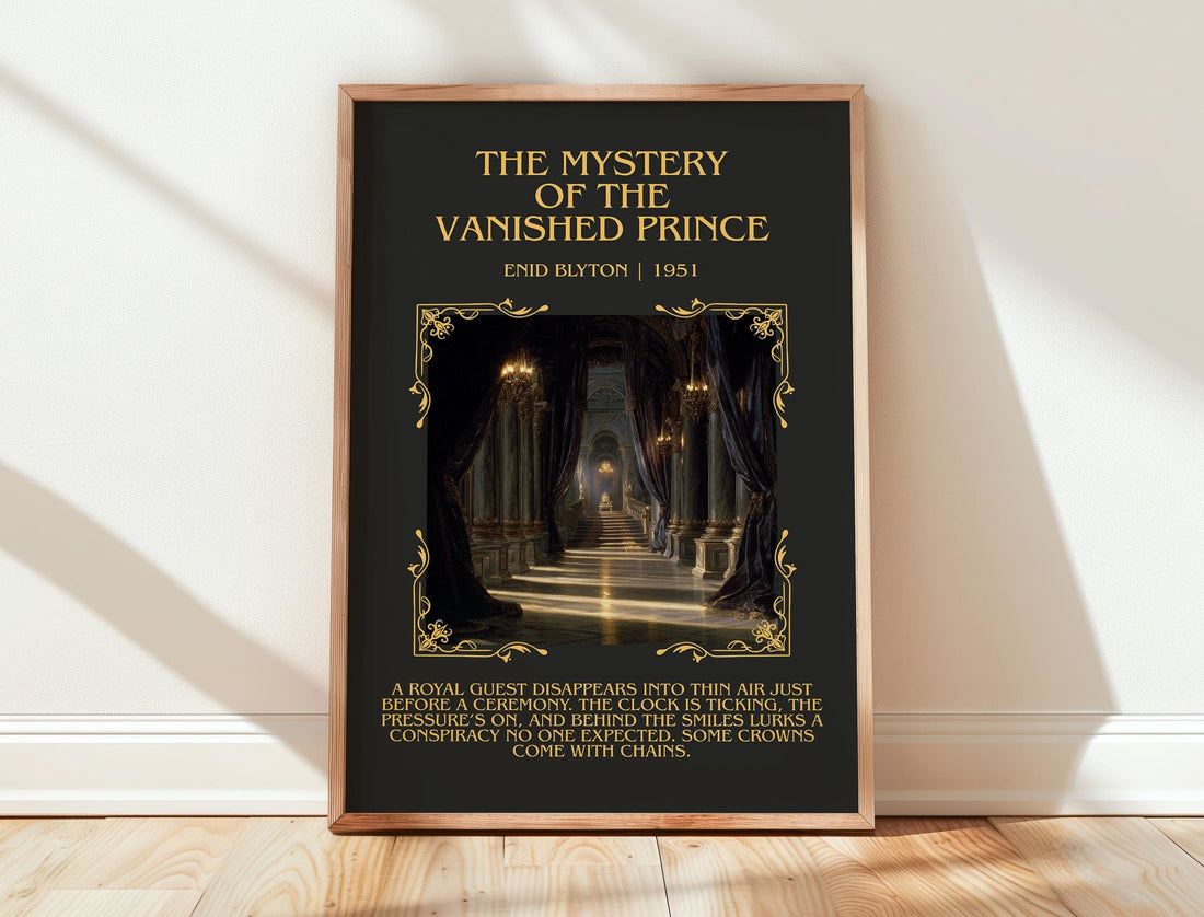 The Mystery of the Vanished Prince minimalist print in frame leaning in hallway – childrens wall art (mockup)