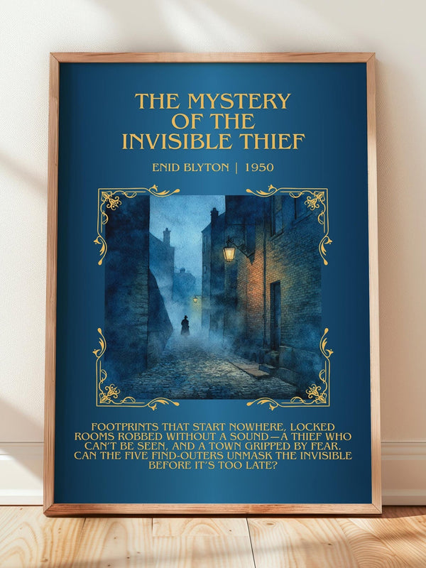 The Mystery of the Invisible Thief minimalist print in frame leaning in hallway – mystery wall art