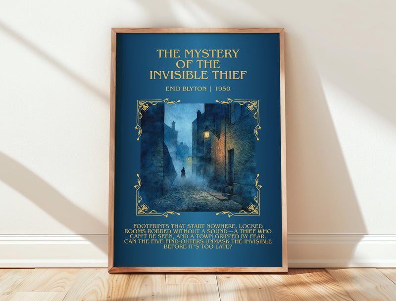The Mystery of the Invisible Thief minimalist print in frame leaning in hallway – mystery wall art
