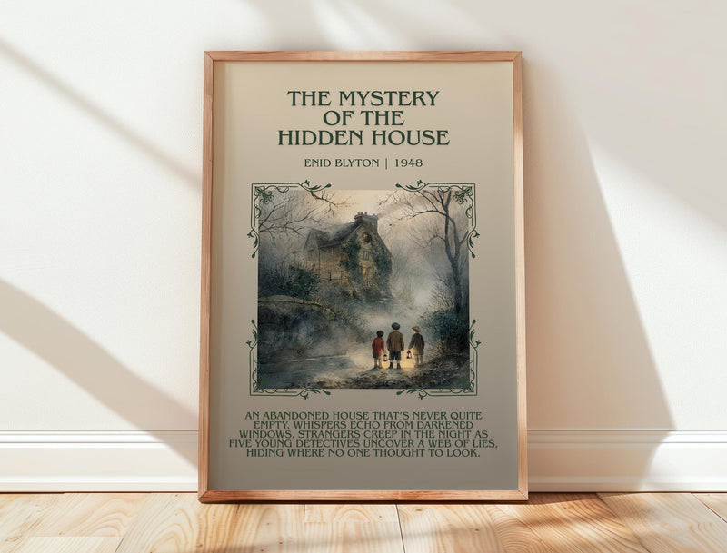 The Mystery Of The Hidden House minimalist print in frame leaning in hallway – childrens wall art