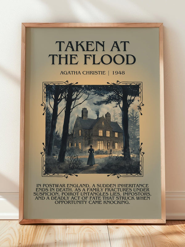 Taken at the Flood minimalist print in frame leaning in hallway – mystery wall art