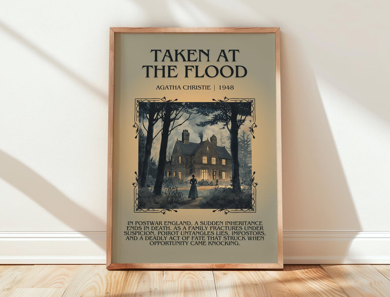 Taken at the Flood minimalist print in frame leaning in hallway – mystery wall art