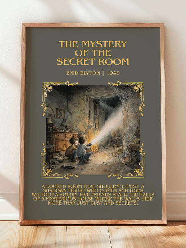 The mystery of the secret room minimalist print in frame leaning in hallway – childrens wall art