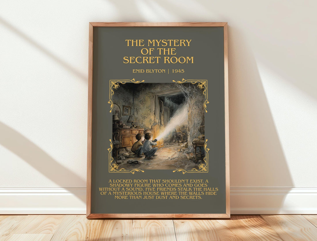 The mystery of the secret room minimalist print in frame leaning in hallway – childrens wall art (mockup)