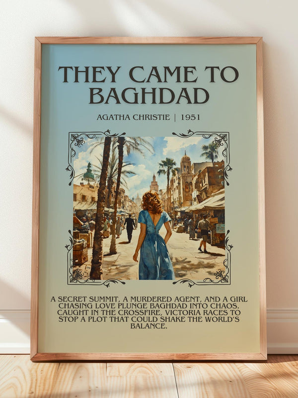 They Came to Baghdad minimalist print in frame leaning in hallway – thriller wall art