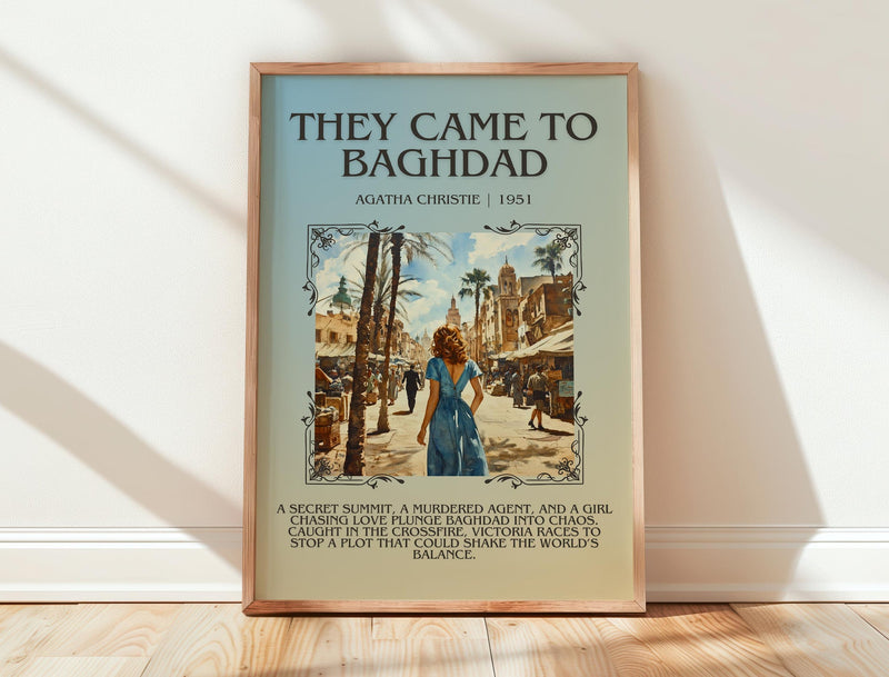 They Came to Baghdad minimalist print in frame leaning in hallway – thriller wall art