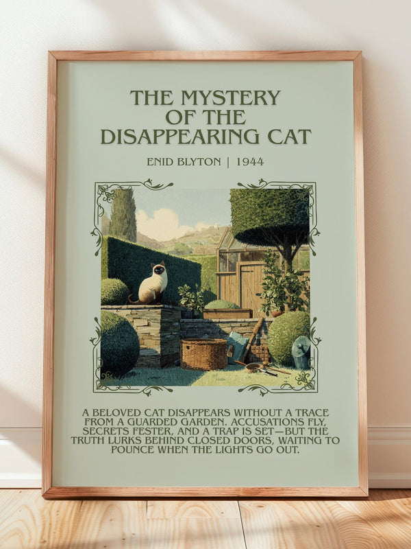 The Mystery of the Disappearing Cat minimalist print in frame leaning in hallway – mystery wall art