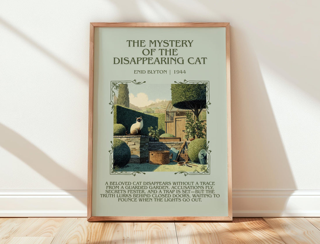 The Mystery of the Disappearing Cat minimalist print in frame leaning in hallway – mystery wall art (mockup)