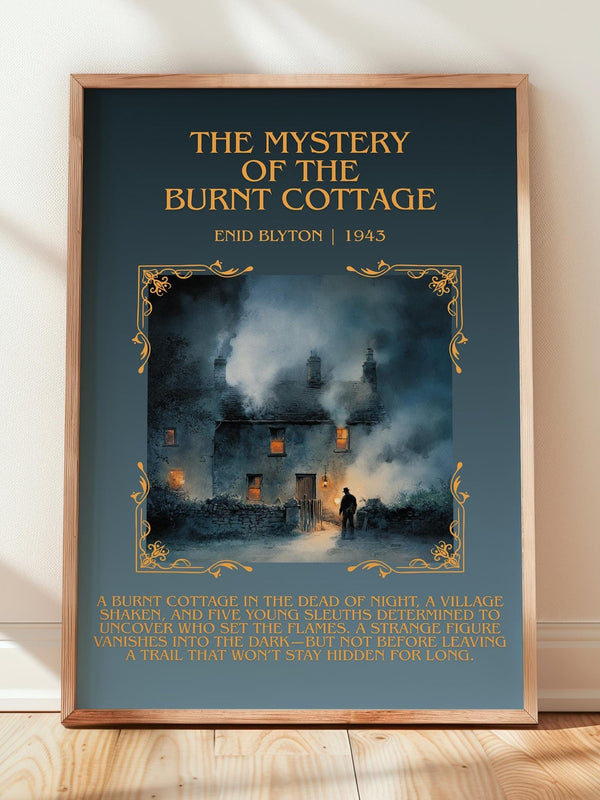 The Mystery of the Burnt Cottage minimalist print in frame leaning in hallway – mystery wall art