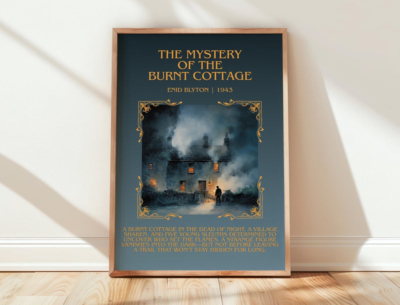 The Mystery of the Burnt Cottage minimalist print in frame leaning in hallway – mystery wall art