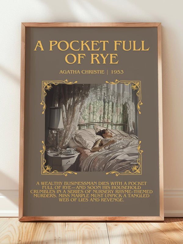 A Pocket Full of Rye minimalist print in frame leaning in hallway – mystery wall art