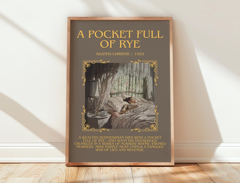 A Pocket Full of Rye minimalist print in frame leaning in hallway – mystery wall art
