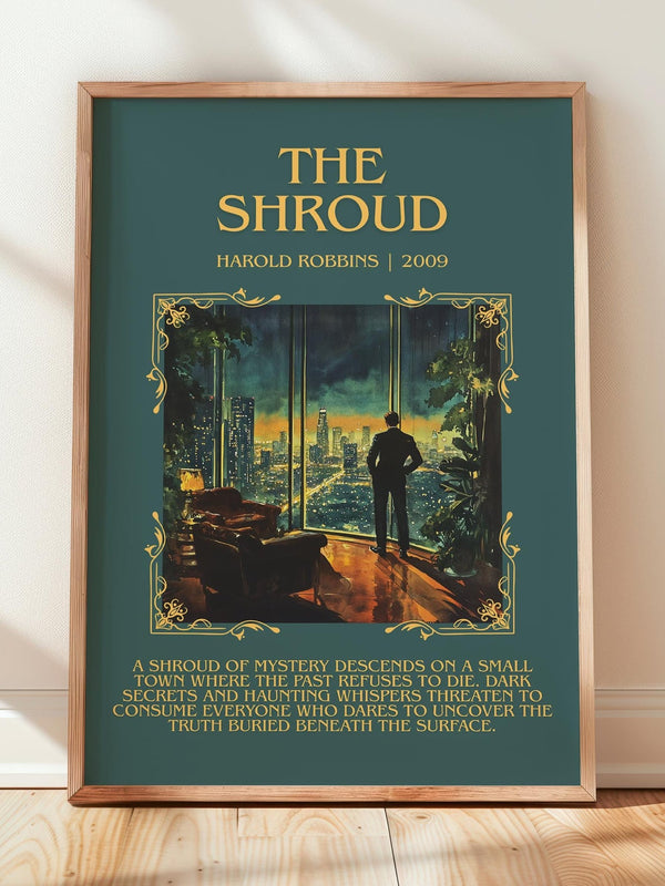 The Shroud minimalist print in frame leaning in hallway – thriller wall art