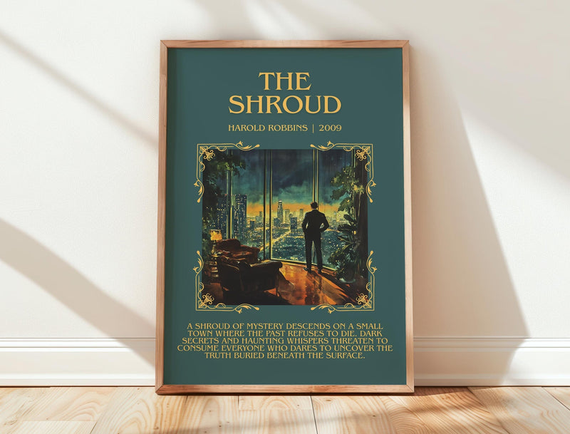 The Shroud minimalist print in frame leaning in hallway – thriller wall art