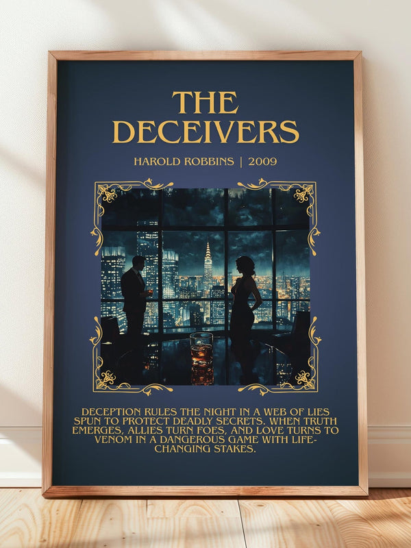 The Deceivers minimalist print in frame leaning in hallway – thriller wall art