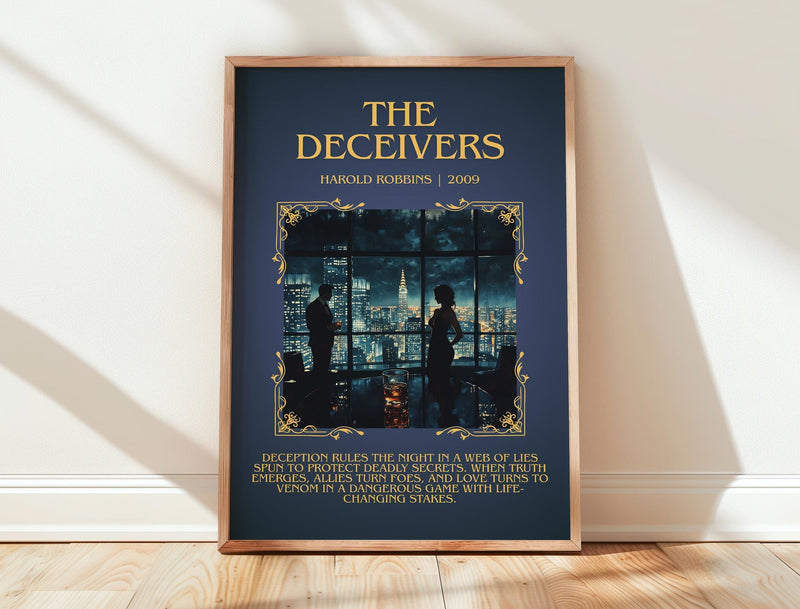 The Deceivers minimalist print in frame leaning in hallway – thriller wall art